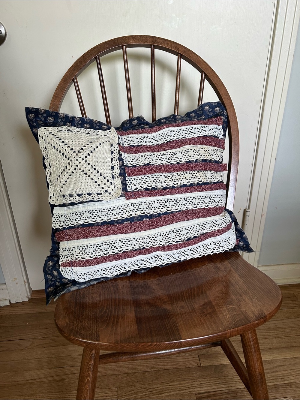 Patriotic Handmade Crochet Lace Accent Pillow - Red, White & Navy